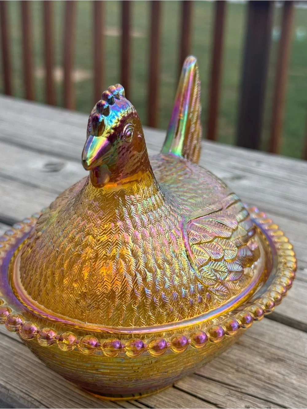 Indiana Glass Iridescent Gold Hen on Nest Dish